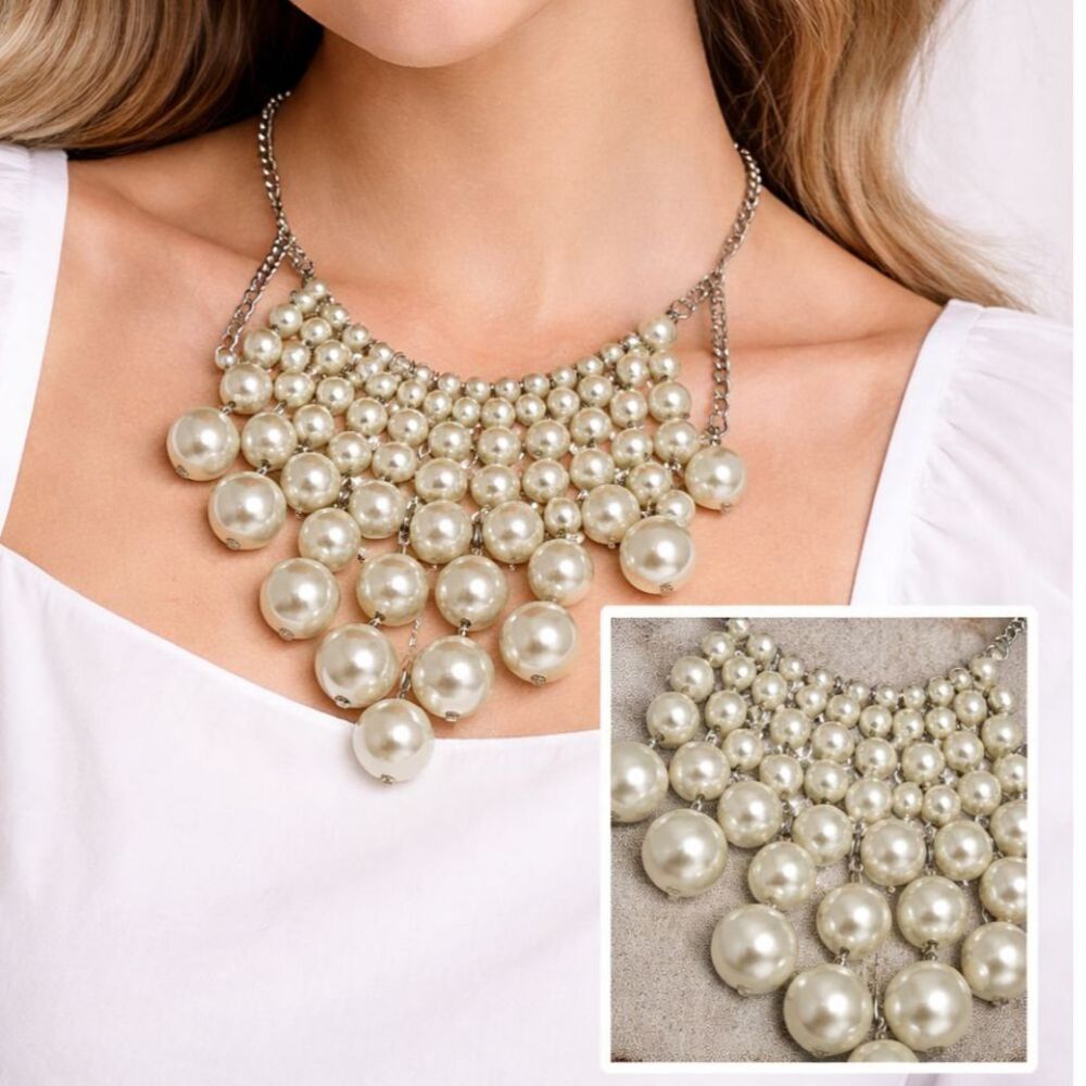 ect! Faux Pearl Bib Necklace Statement Ivory Silver Tone 12"